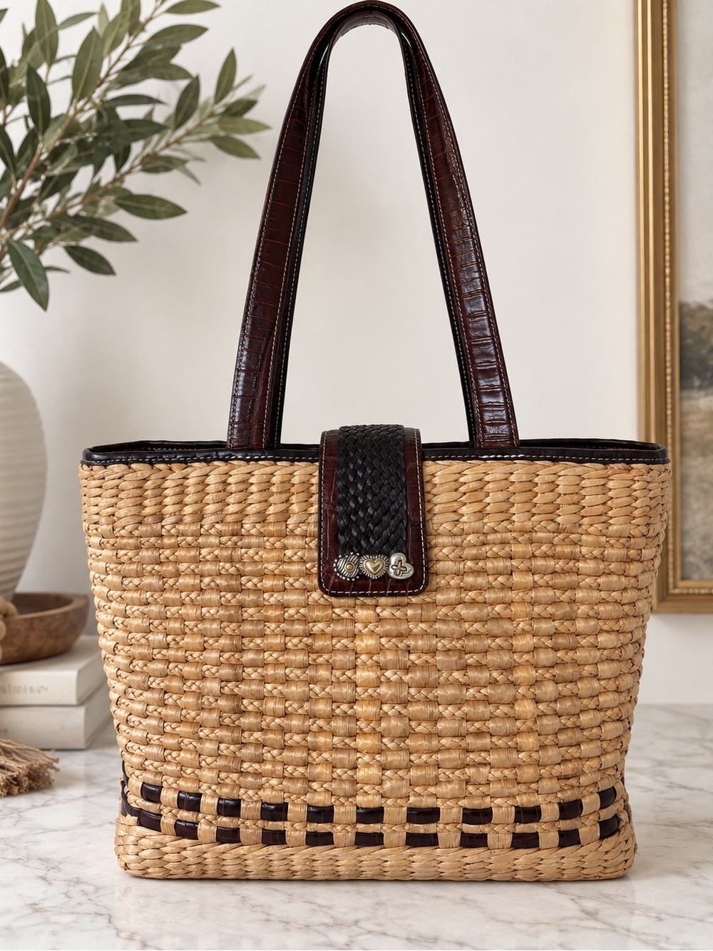 Brighton Woven Straw Leather Shoulder Bag Tote Brown Paisley Boho Coastal
